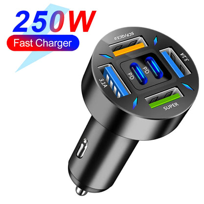 66-250W PD Car Charger QC3.0 Fast Charge One to Six Car Cigarette Lighter Plug Car Charger Flash Charge with Digital Display