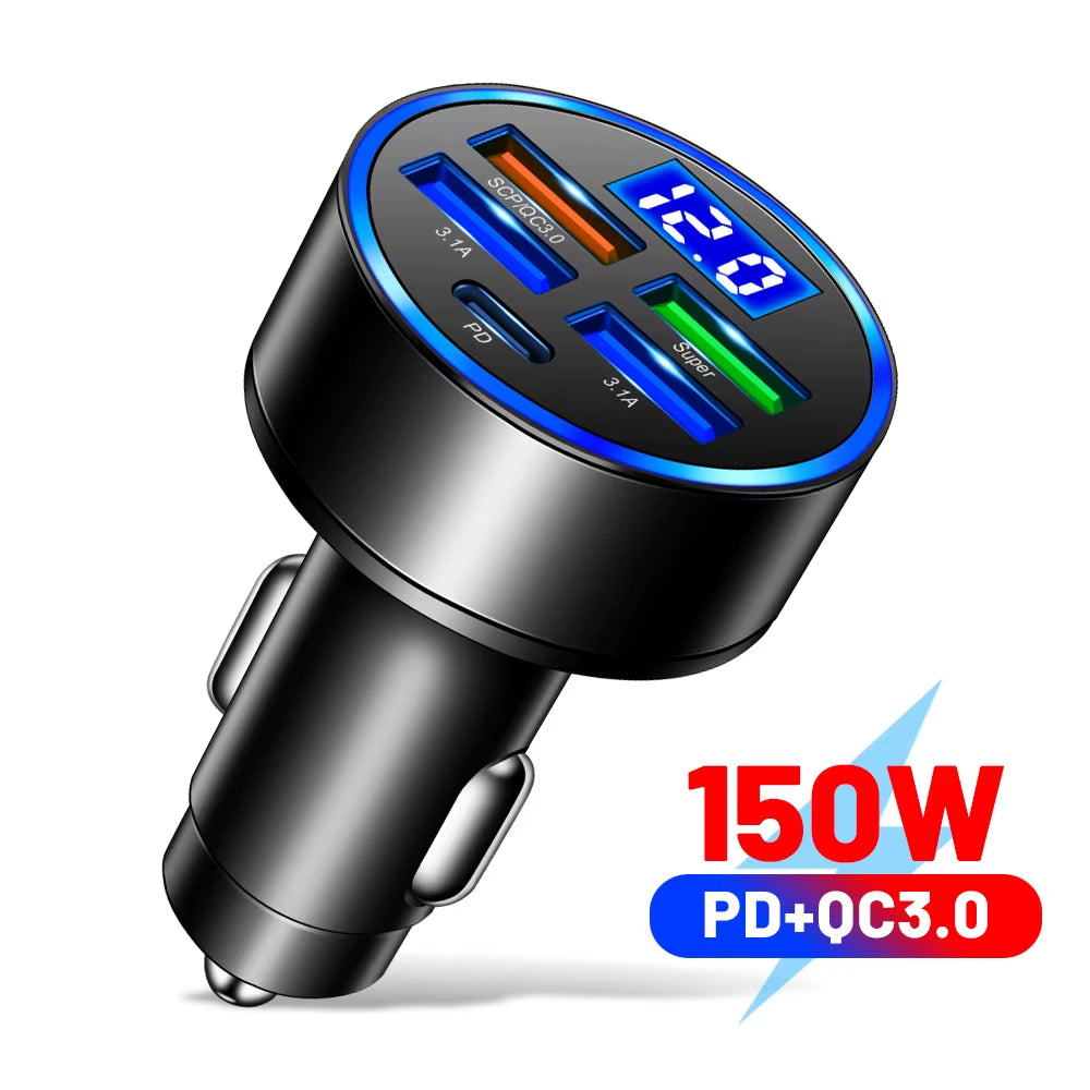 66-250W PD Car Charger QC3.0 Fast Charge One to Six Car Cigarette Lighter Plug Car Charger Flash Charge with Digital Display