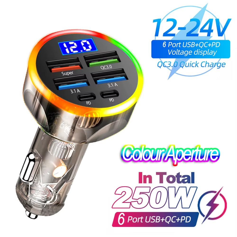 66-250W PD Car Charger QC3.0 Fast Charge One to Six Car Cigarette Lighter Plug Car Charger Flash Charge with Digital Display