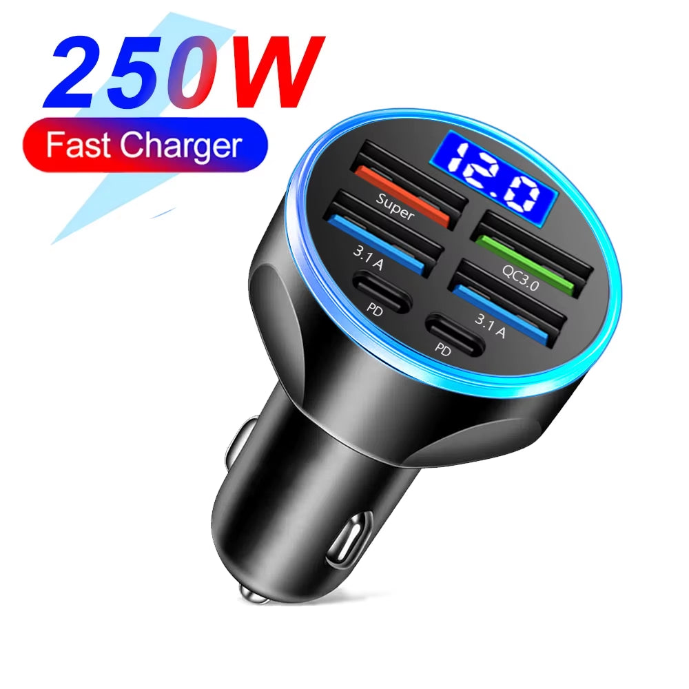 66-250W PD Car Charger QC3.0 Fast Charge One to Six Car Cigarette Lighter Plug Car Charger Flash Charge with Digital Display