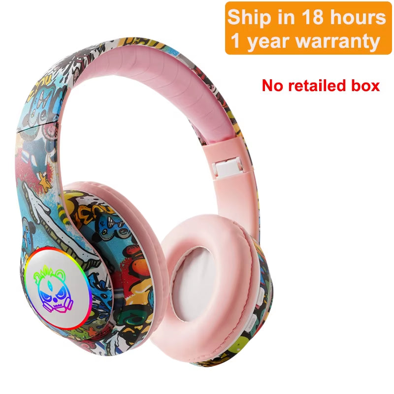 Wireless Headset Flash Light Kids Ear Headphones with Mic Bluetooth Headsets Stereo Music Game Headphone Girls Boys Gift