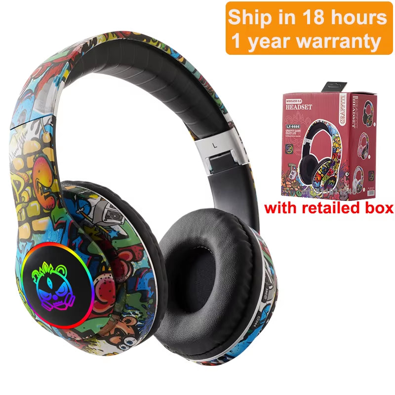 Wireless Headset Flash Light Kids Ear Headphones with Mic Bluetooth Headsets Stereo Music Game Headphone Girls Boys Gift