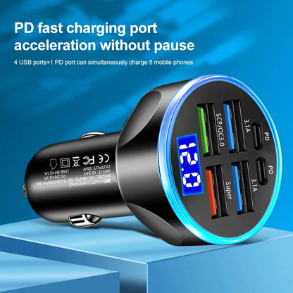 66-250W PD Car Charger QC3.0 Fast Charge One to Six Car Cigarette Lighter Plug Car Charger Flash Charge with Digital Display