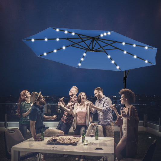 3M Parasol Déporté Excentré Avec 24 LED Lampe Solaire Fait En Polyester Inperméable Hauteur 245CM 8 Baleines En Fer Bleu